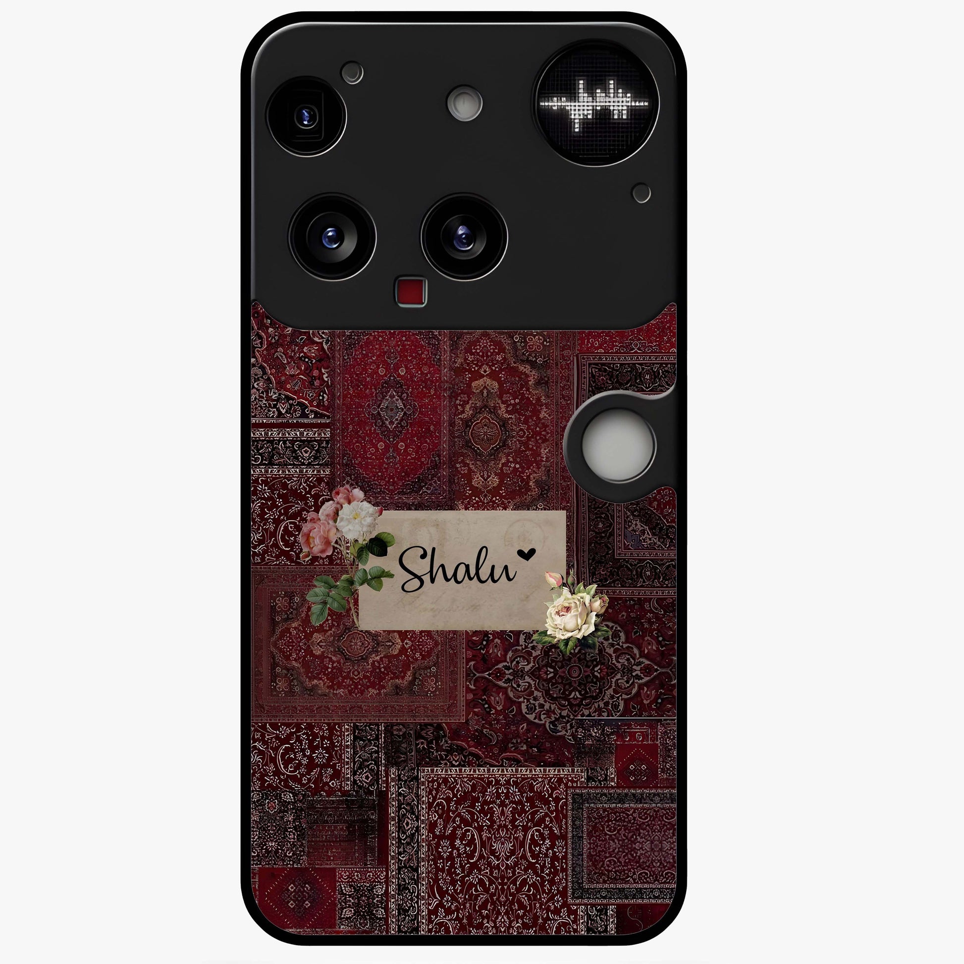 Velvet Wine Pattern Custom Name Glass Case showing flat back view with elegant wine colored pattern artwork and personalized name design.