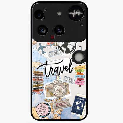 Wanderlust Journal Glass Case showing flat back view with travel inspired artwork and glossy glass finish.
