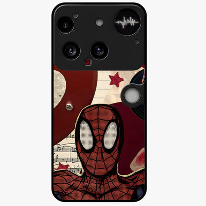 Web Warrior Vibes Glass Case showing flat back view with superhero inspired web themed artwork and glossy glass finish.