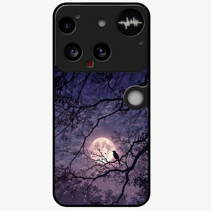 Whispering Moon Silence Glass Case showing flat back view with serene moon themed artwork and glossy glass finish.