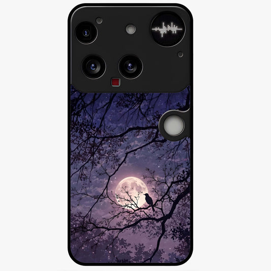 Whispering Moon Silence Glass Case showing flat back view with serene moon themed artwork and glossy glass finish.