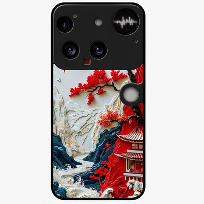 Whispers Of Sakura Waves Glass Case showing flat back view with cherry blossom wave artwork and glossy glass finish.