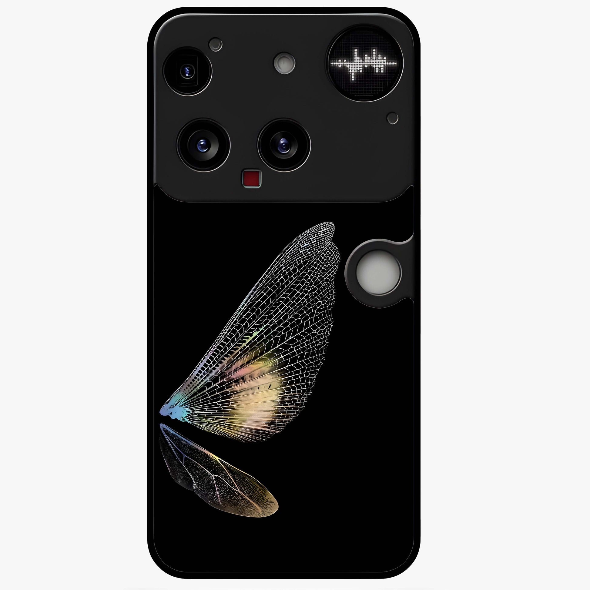 Whispers Of Wings Glass Case showing flat back view with graceful wing inspired artwork and glossy glass finish.