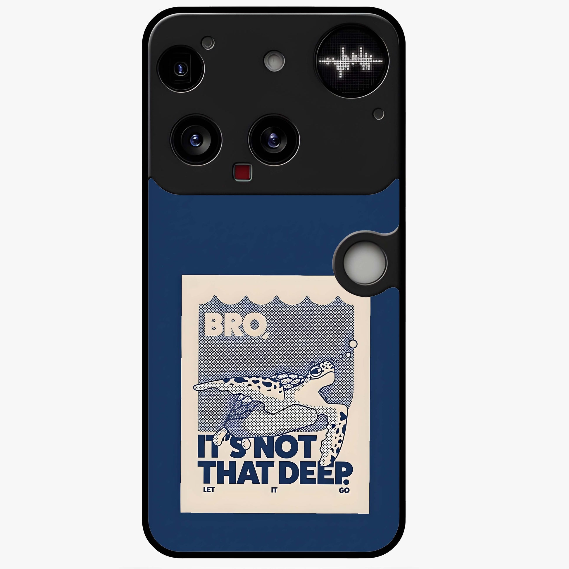 Worry Less Swim Glass Case showing flat back view with playful motivational artwork and glossy glass finish.