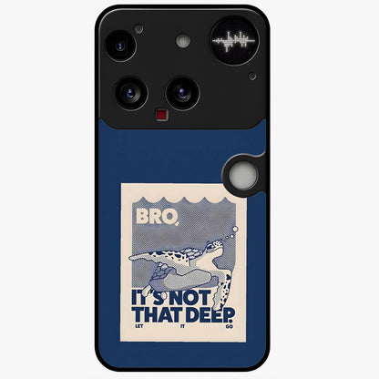Worry Less Swim Glass Case showing flat back view with playful motivational artwork and glossy glass finish.