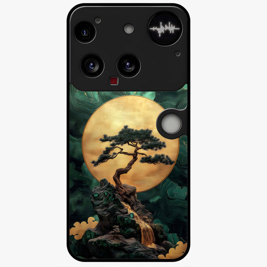Zen Moon Rise Glass Case showing flat back view with calm moonrise artwork and glossy glass finish.