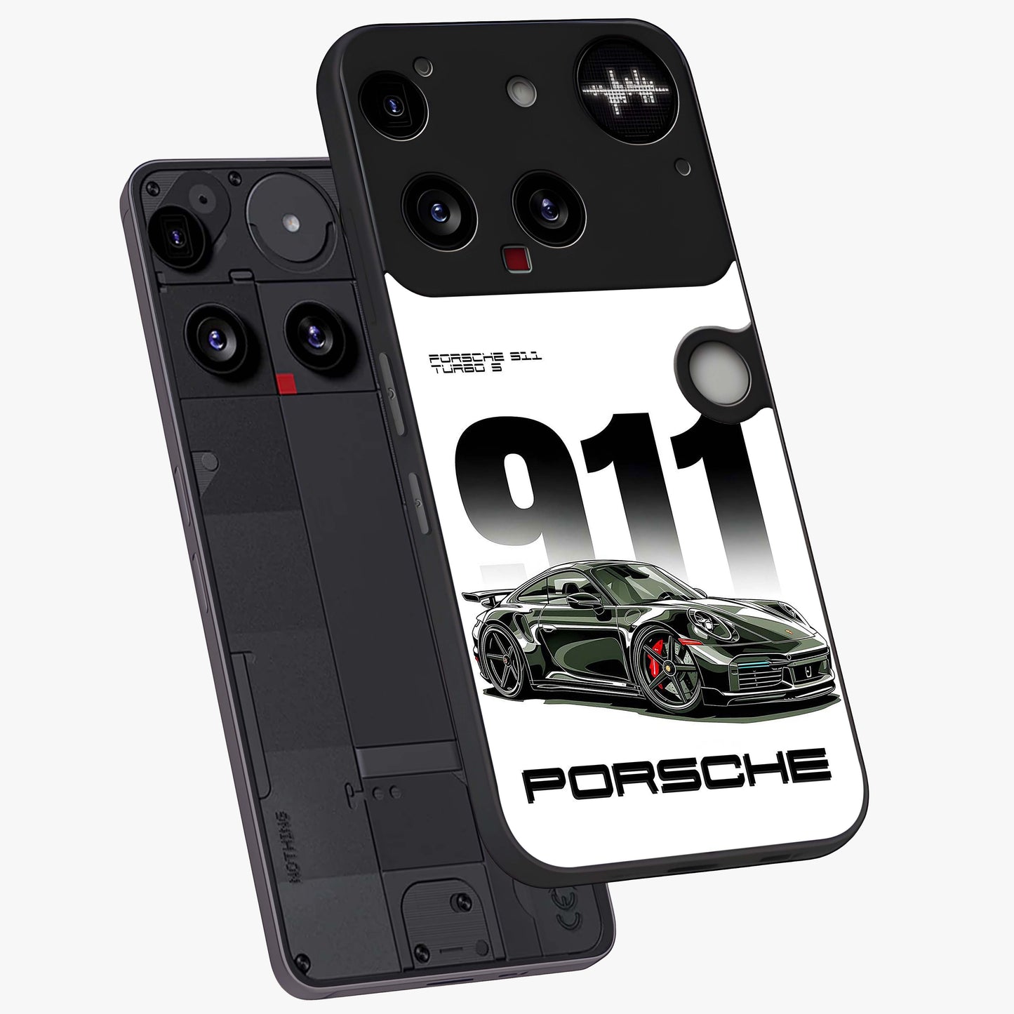 911 Turbo Dominance Glass Case displayed in premium angled mockup highlighting sporty car illustration and sleek glass surface.