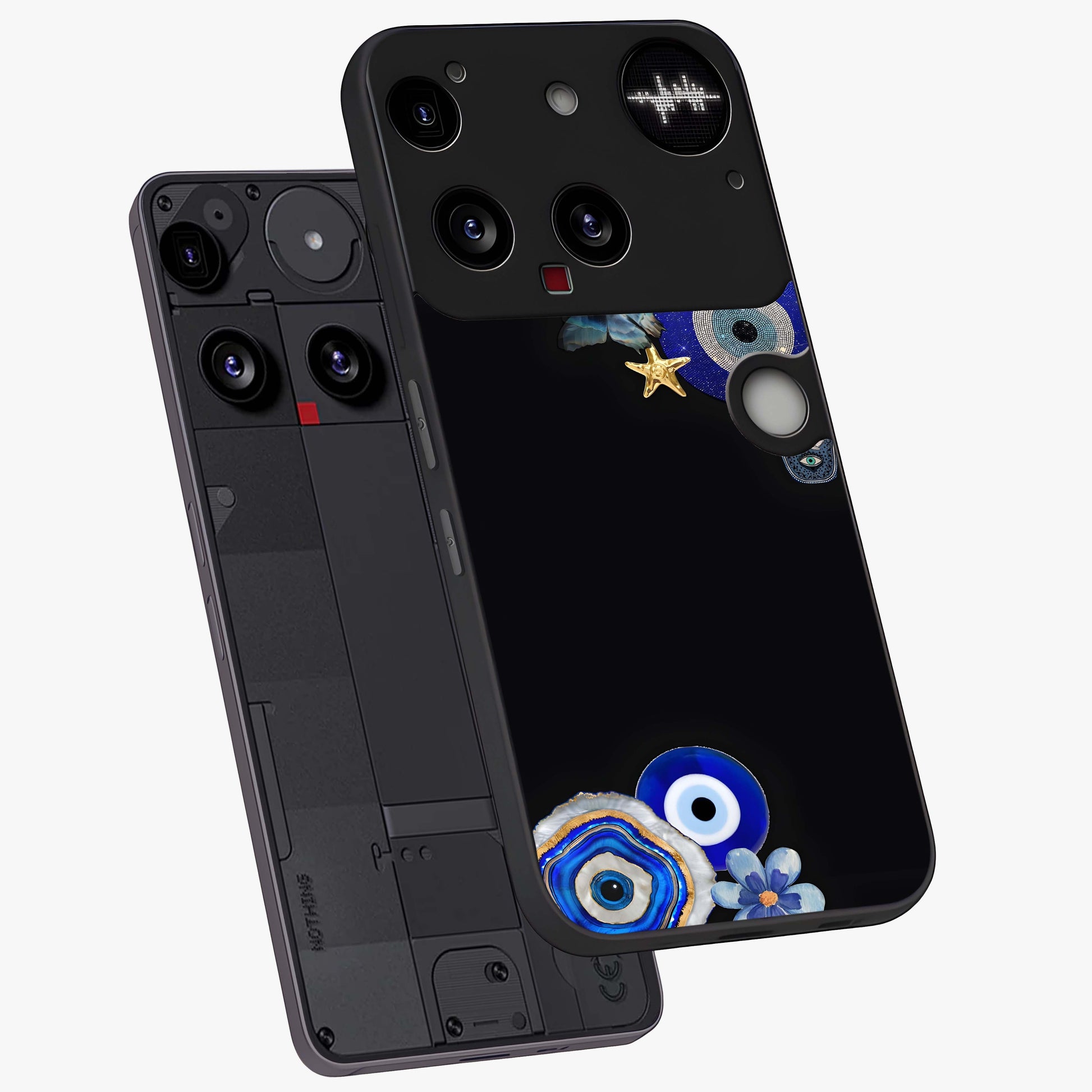 Aesthetic Blue Evil Eye Glass Case displayed in angled mockup highlighting blue evil eye symbol and spiritual aesthetic design.