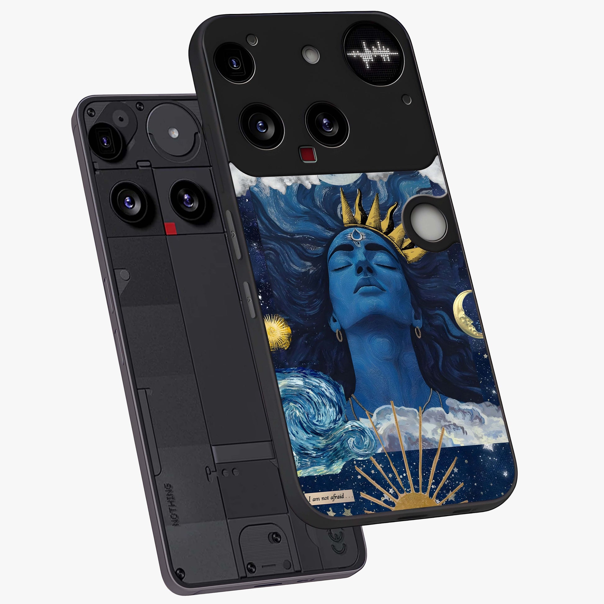Aesthetic Lord Shiva Glass Case displayed in angled mockup highlighting spiritual Shiva illustration and sacred aesthetic design.
