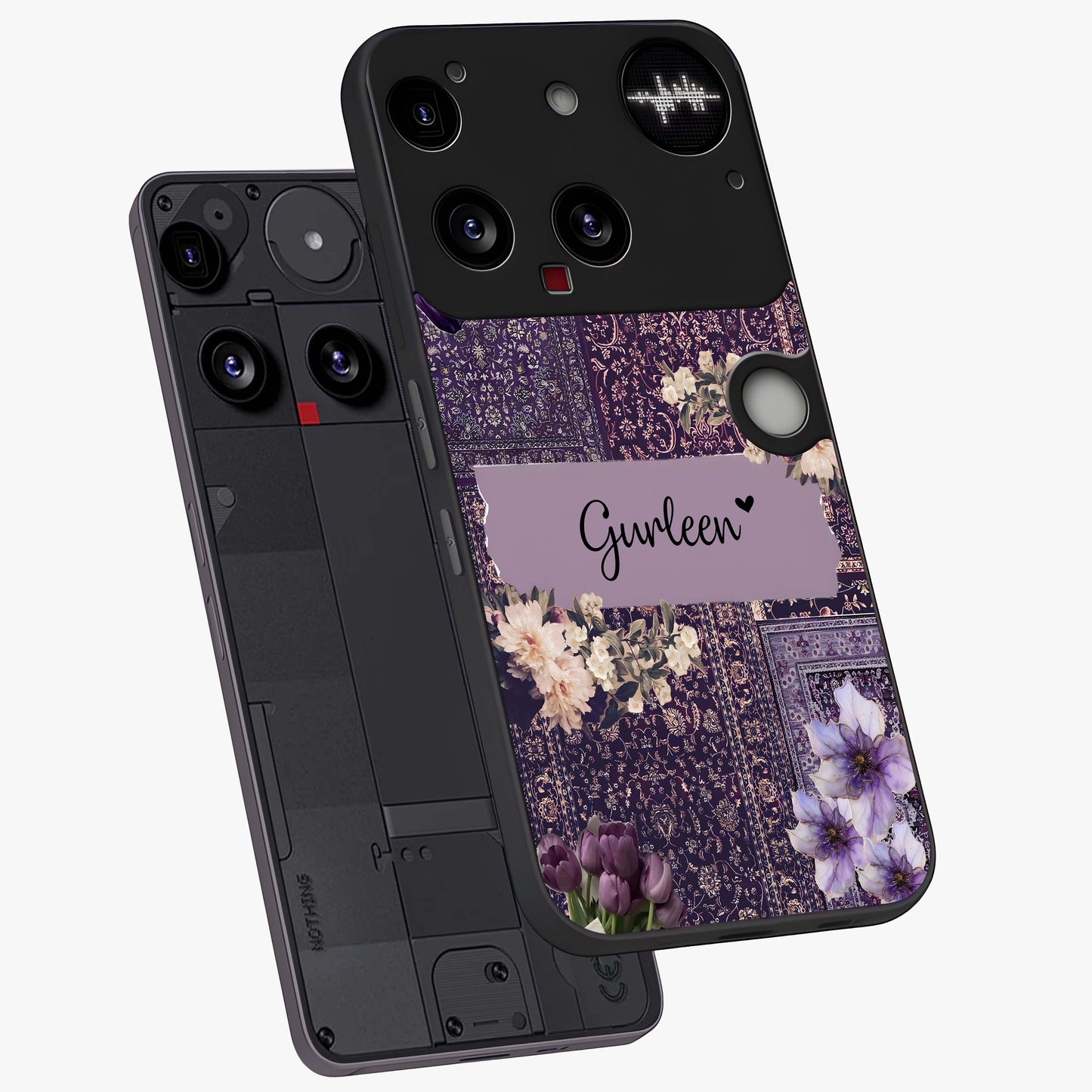 Antique Floral Whisper Custom Name Glass Case displayed in angled mockup highlighting elegant antique floral aesthetic.