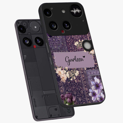 Antique Floral Whisper Custom Name Glass Case displayed in angled mockup highlighting elegant antique floral aesthetic.