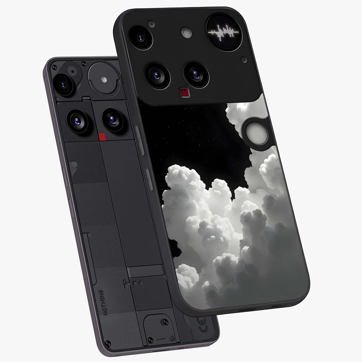 Black Background With White Cloud Glass Case displayed in angled mockup highlighting soft white cloud illustration and minimal design.