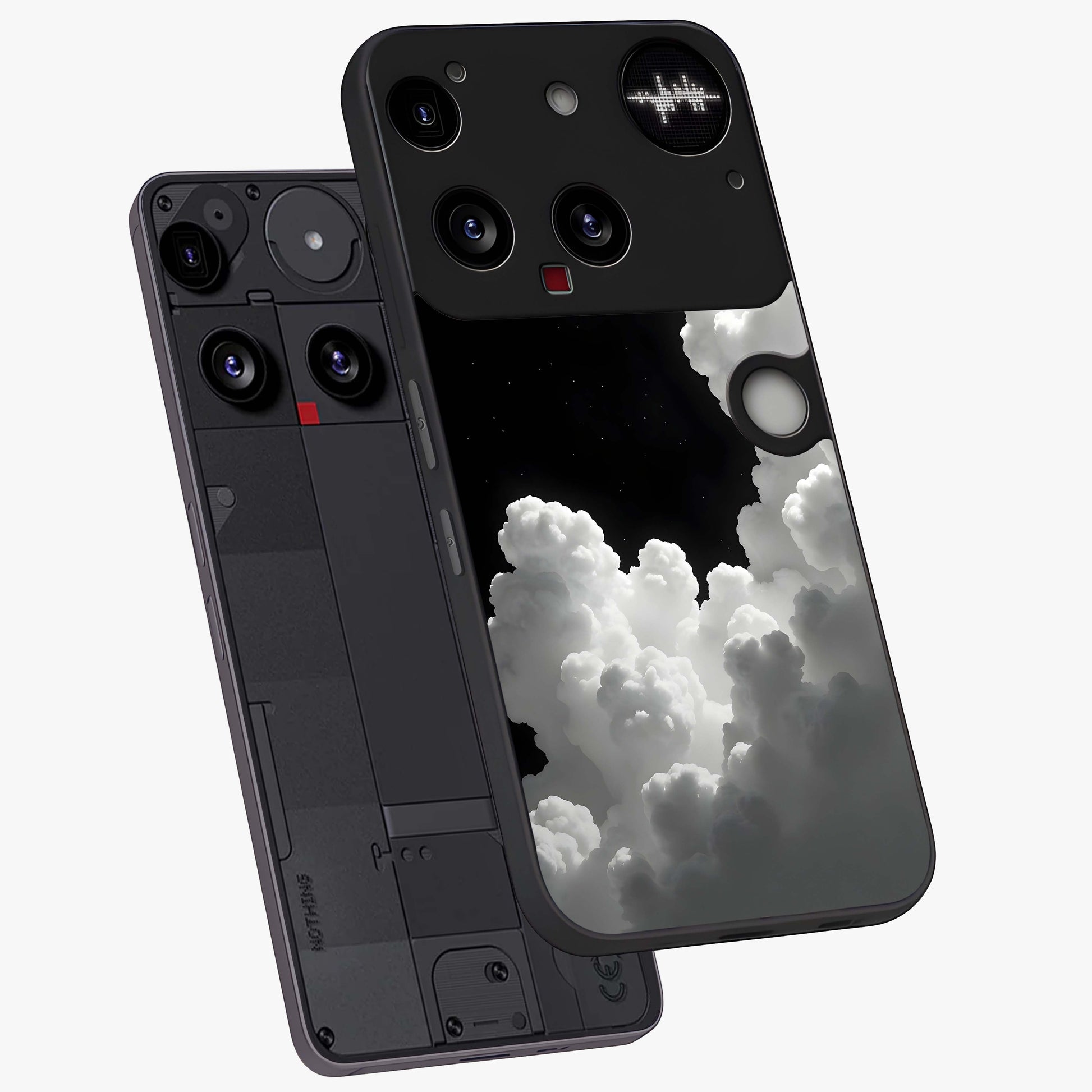 Black Background With White Cloud Glass Case displayed in angled mockup highlighting soft white cloud illustration and minimal design.