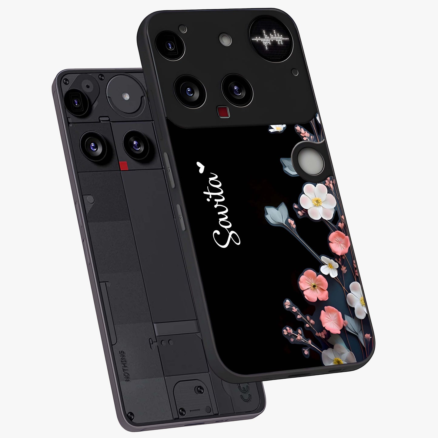 Black Elegance Floral Custom Name Glass Case displayed in angled mockup highlighting dark floral aesthetic and custom name feature.