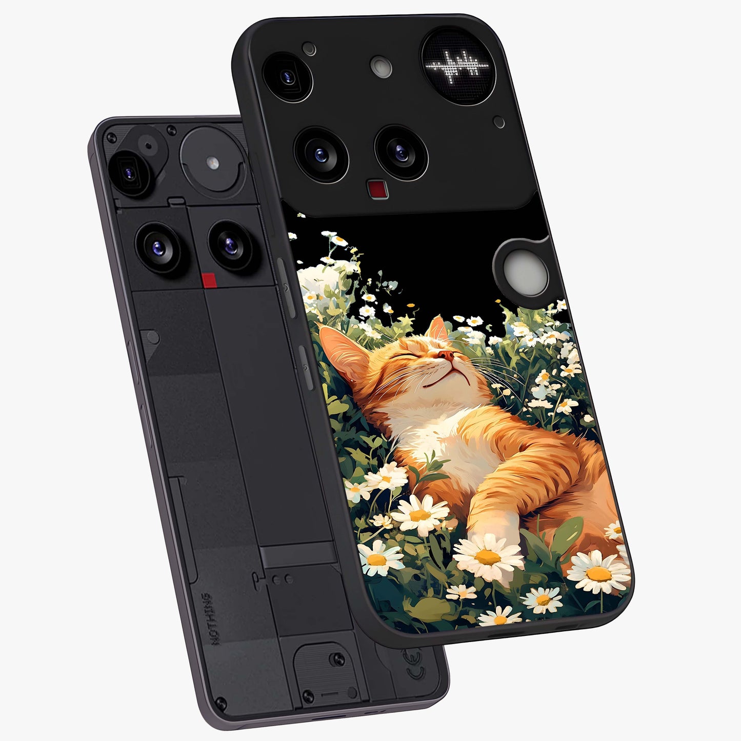 Blissful Bloom Cat Glass Case displayed in angled mockup highlighting playful feline illustration with soft floral aesthetic.