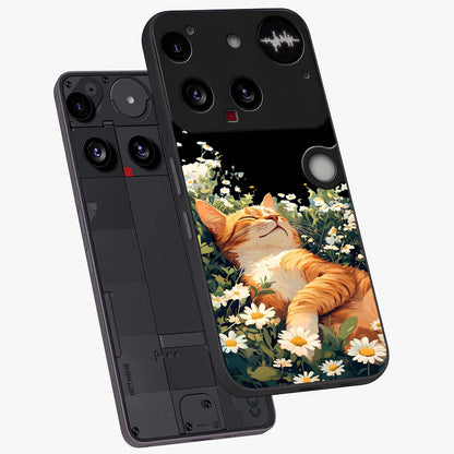 Blissful Bloom Cat Glass Case displayed in angled mockup highlighting playful feline illustration with soft floral aesthetic.