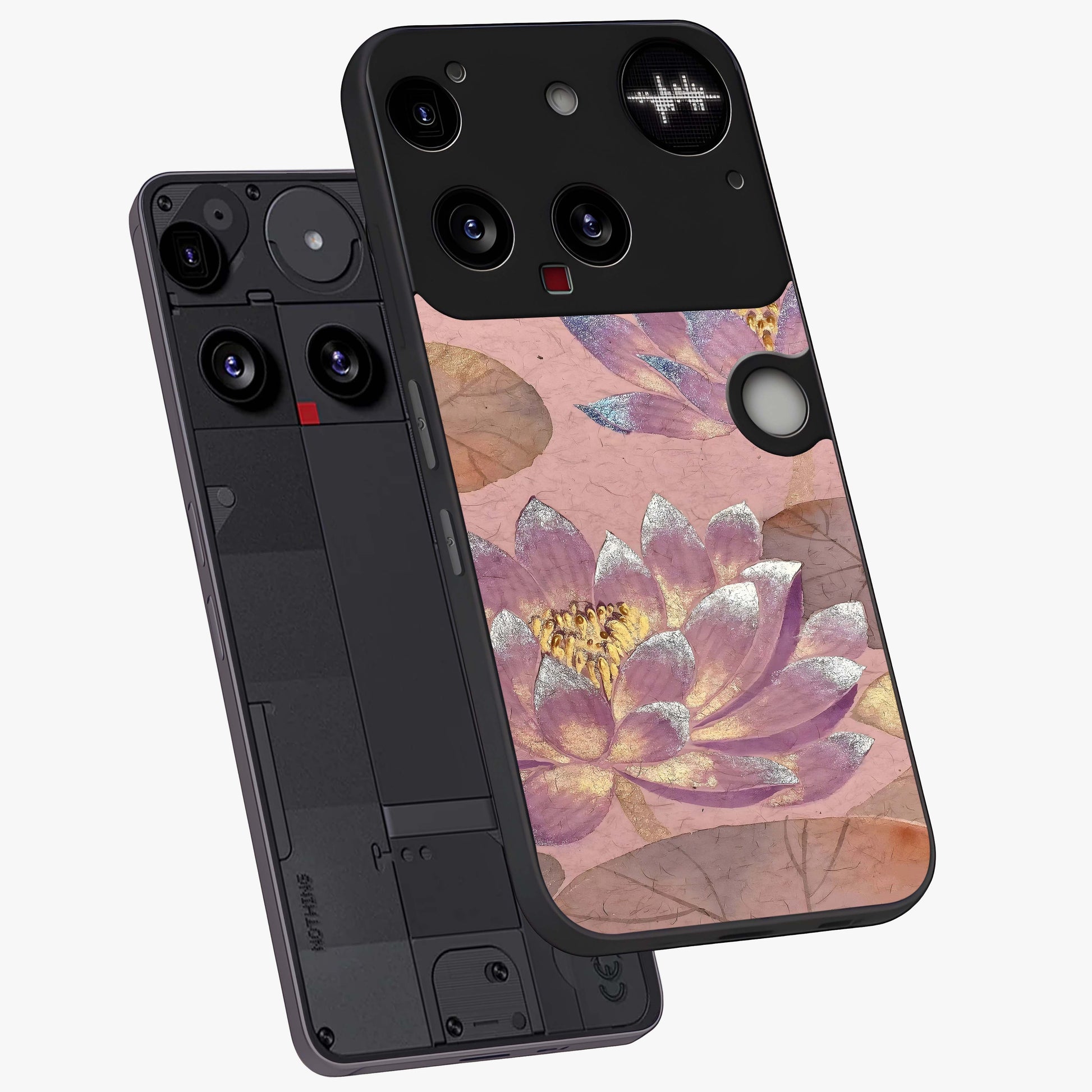 Blossom Mist Lotus Glass Case displayed in angled mockup highlighting delicate lotus illustration with calm aesthetic theme.