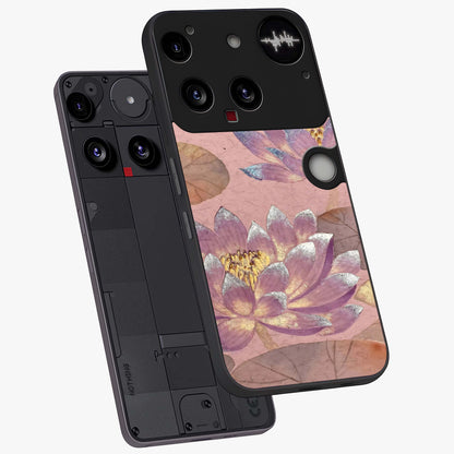 Blossom Mist Lotus Glass Case displayed in angled mockup highlighting delicate lotus illustration with calm aesthetic theme.