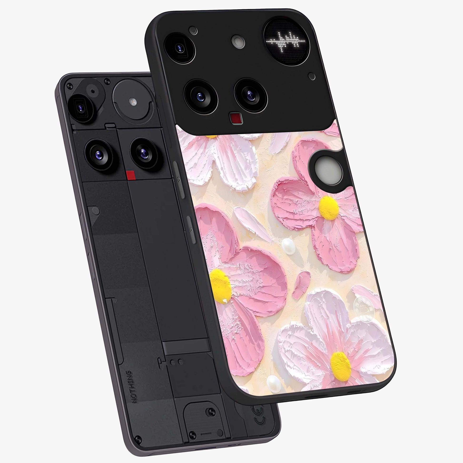 Blush Bloom Texture Glass Case displayed in angled mockup highlighting subtle bloom pattern with aesthetic pastel design.
