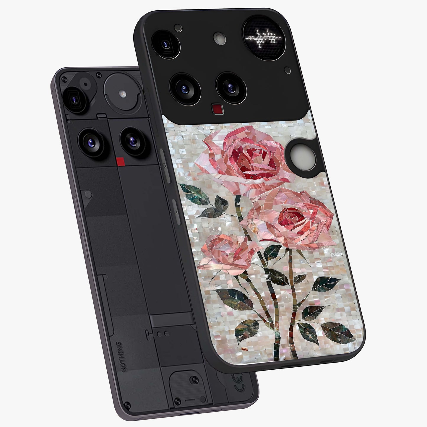 Blush Mosaic Bloom Glass Case displayed in angled mockup highlighting artistic mosaic flower pattern with aesthetic design.