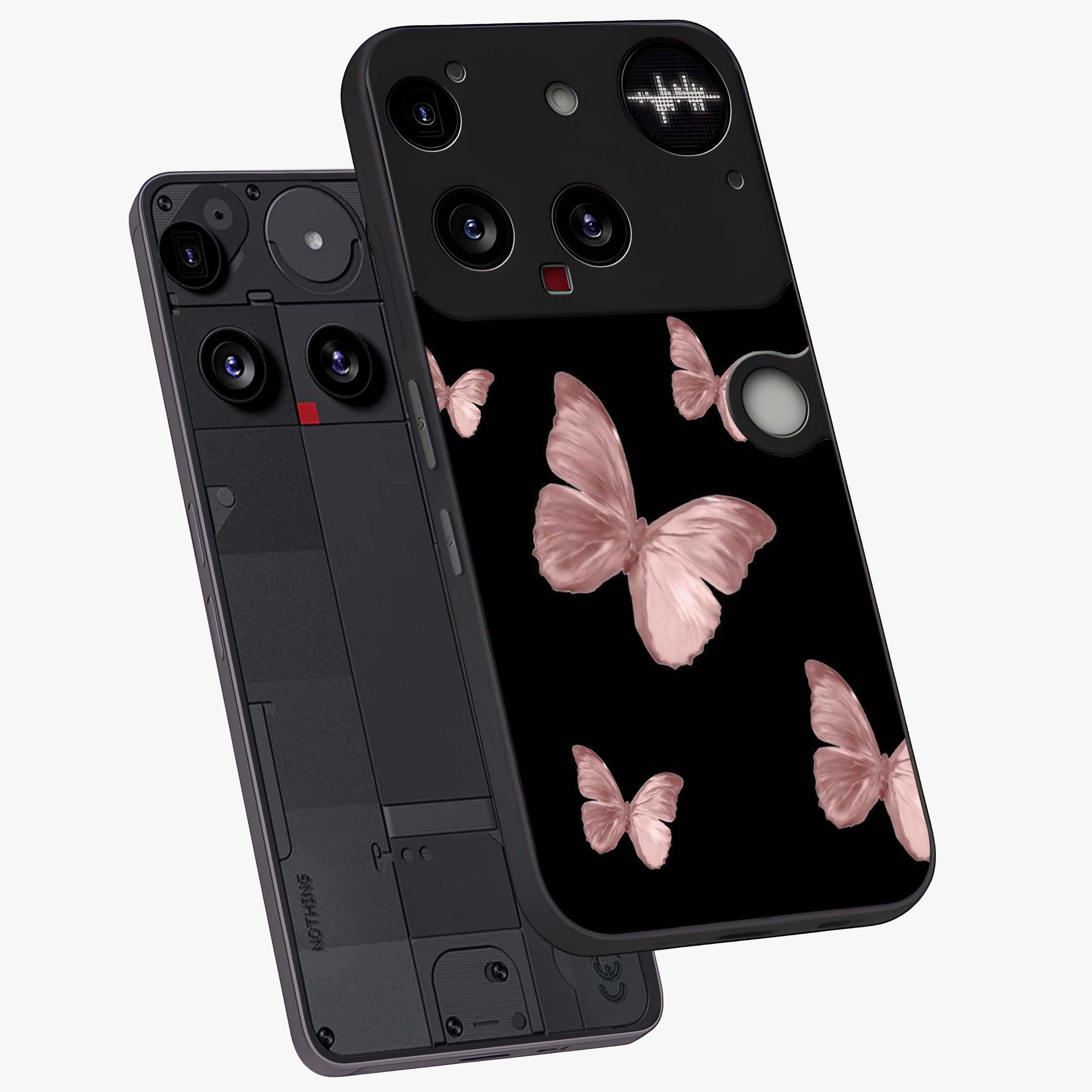 Butterfly Pattern Glass Case displayed in angled mockup highlighting delicate butterfly design and aesthetic pattern style.