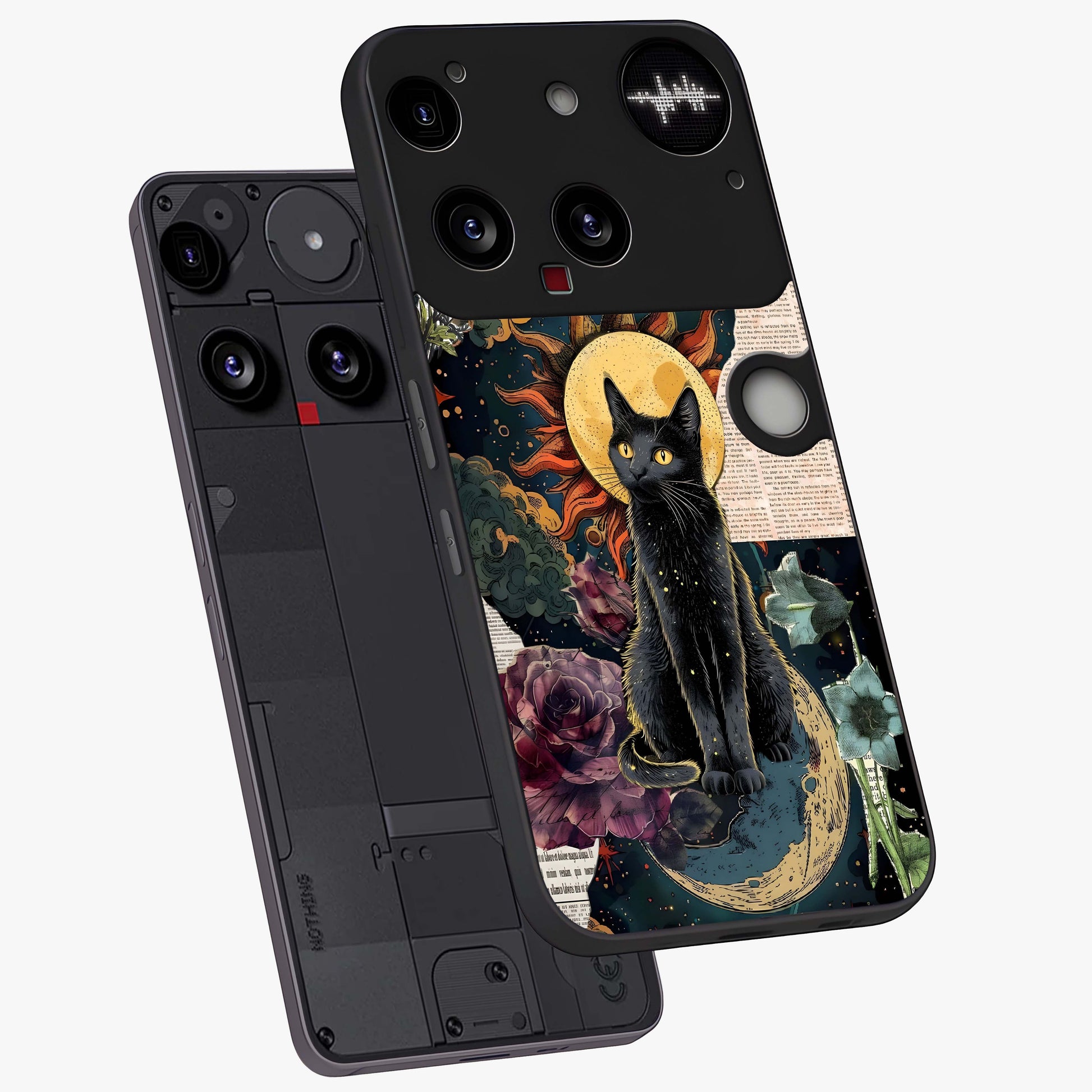 Celestial Black Cat Glass Case displayed in angled mockup highlighting cosmic black cat design with celestial aesthetic.
