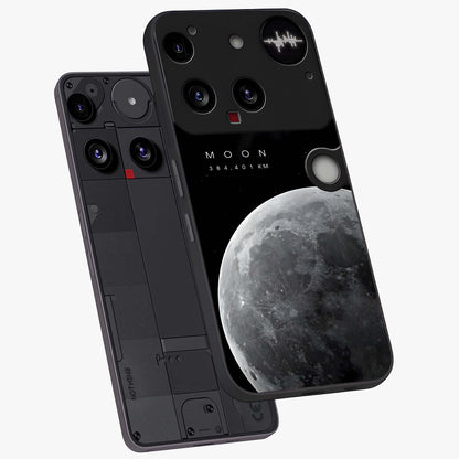 Cosmic Moon Glow Glass Case displayed in angled mockup highlighting celestial moon design with cosmic aesthetic theme.
