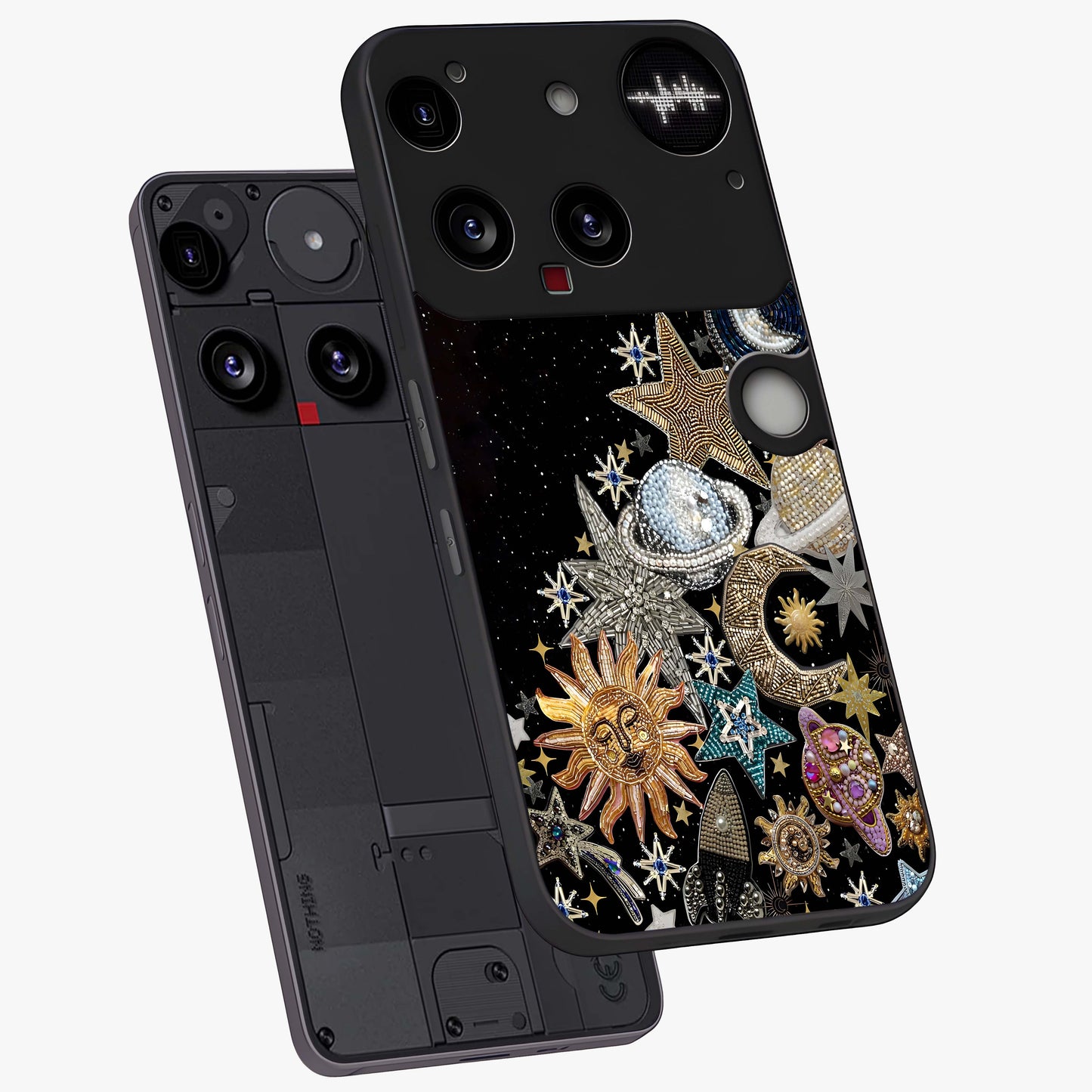 Cosmic Sparkle Dreams Glass Case displayed in angled mockup highlighting dreamy star sparkle design with celestial aesthetic.