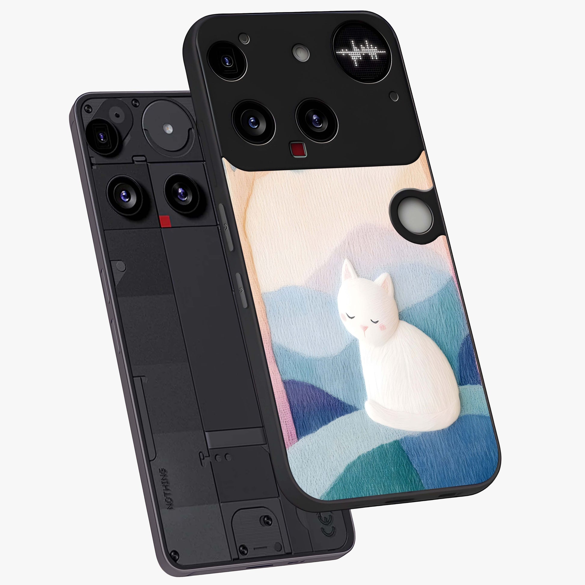Cotton Dream Cat Glass Case displayed in angled mockup highlighting cute feline illustration with pastel aesthetic style.