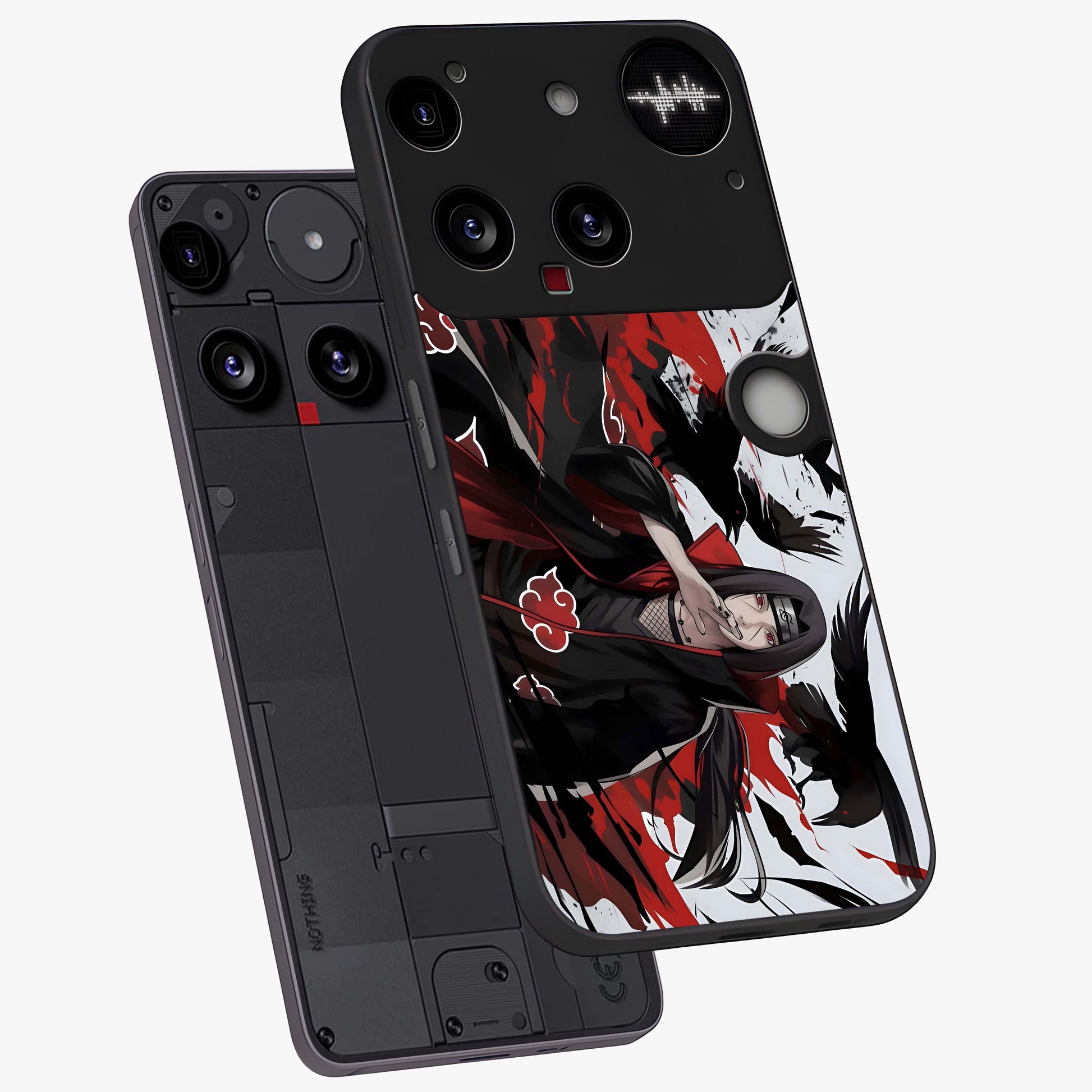 Crimson Crow Illusion Glass Case displayed in angled mockup highlighting mysterious crow graphic with dark aesthetic style.
