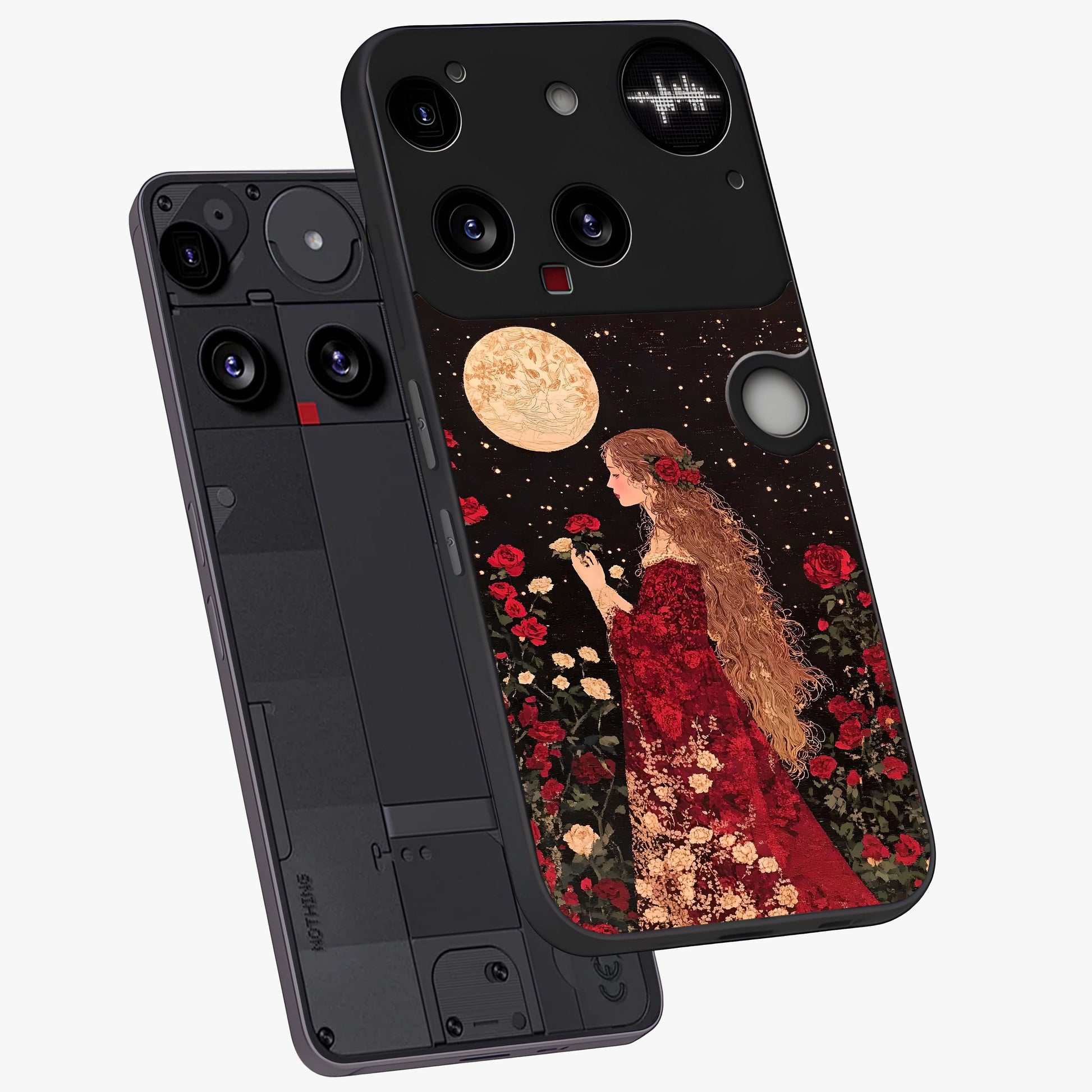 Crimson Dreams Glass Case displayed in angled mockup highlighting soft crimson aesthetic design with artistic theme.