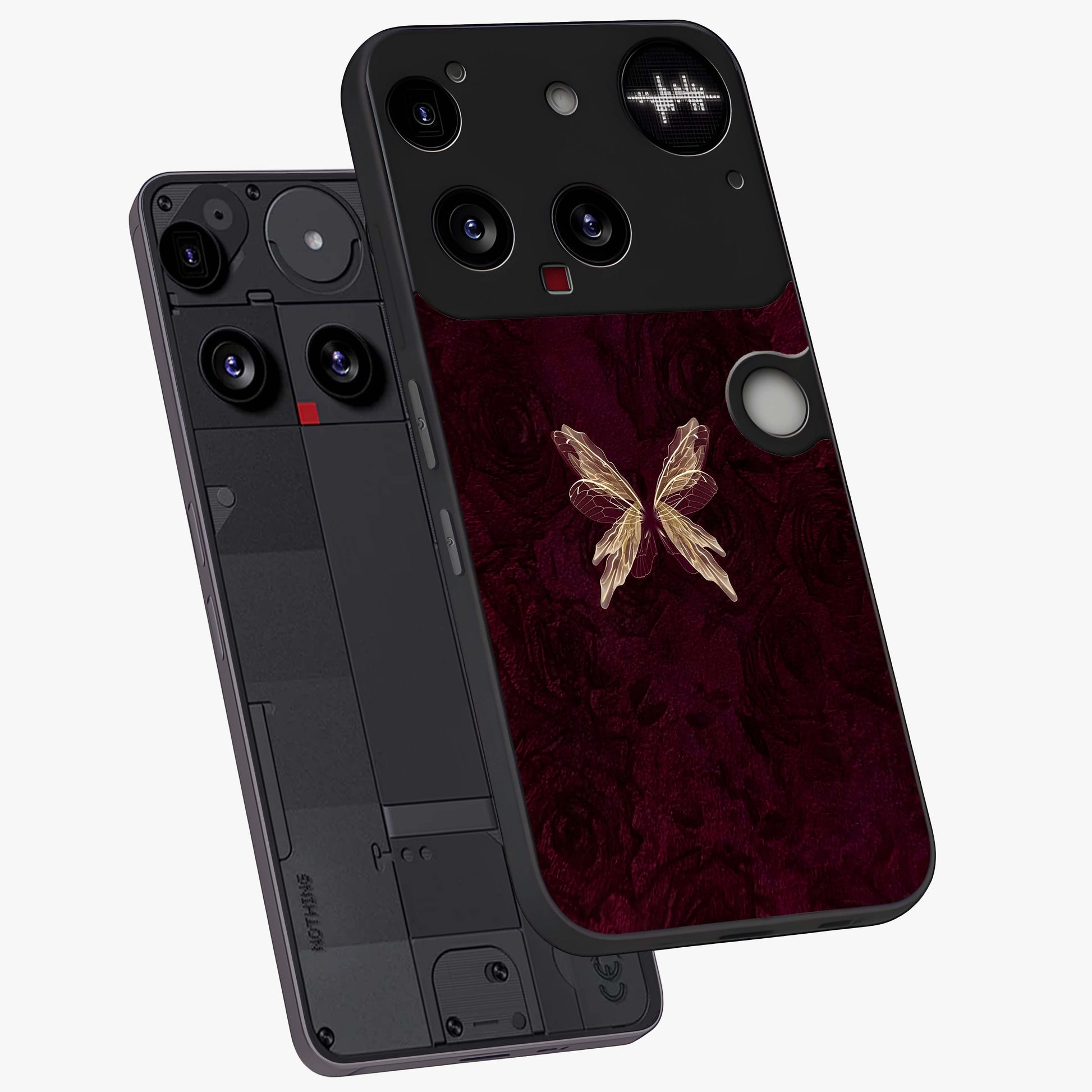 Crimson Fade Butterfly Glass Case displayed in angled mockup highlighting elegant butterfly design with crimson gradient aesthetic.