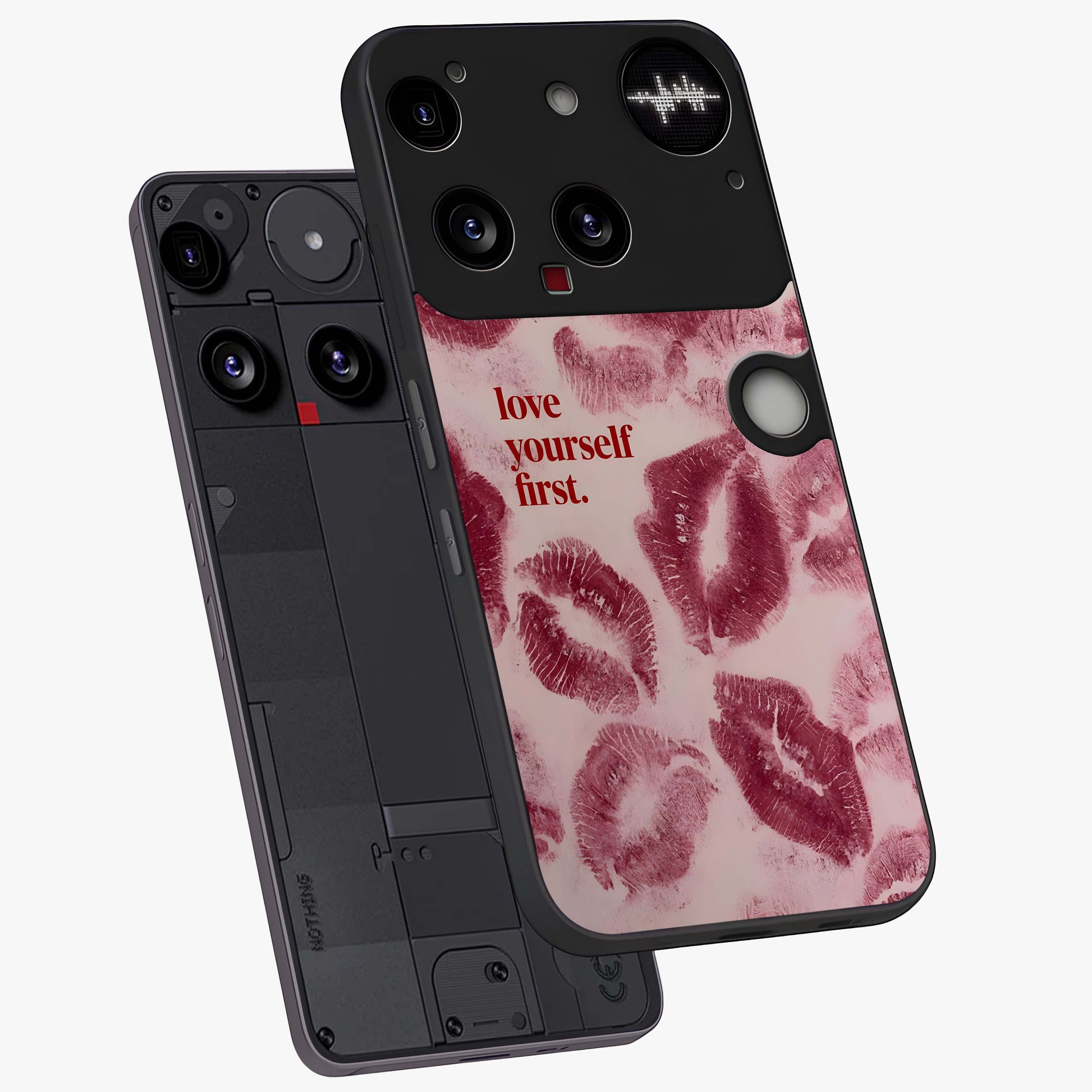 Crimson Kiss Love Glass Case displayed in angled mockup highlighting bold love inspired design with modern aesthetic style.