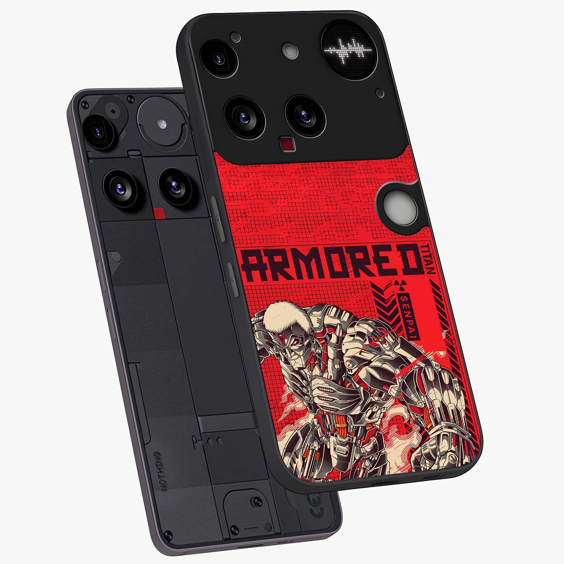 Crimson Mecha Titan Glass Case displayed in angled mockup highlighting futuristic mech illustration with bold crimson aesthetic.