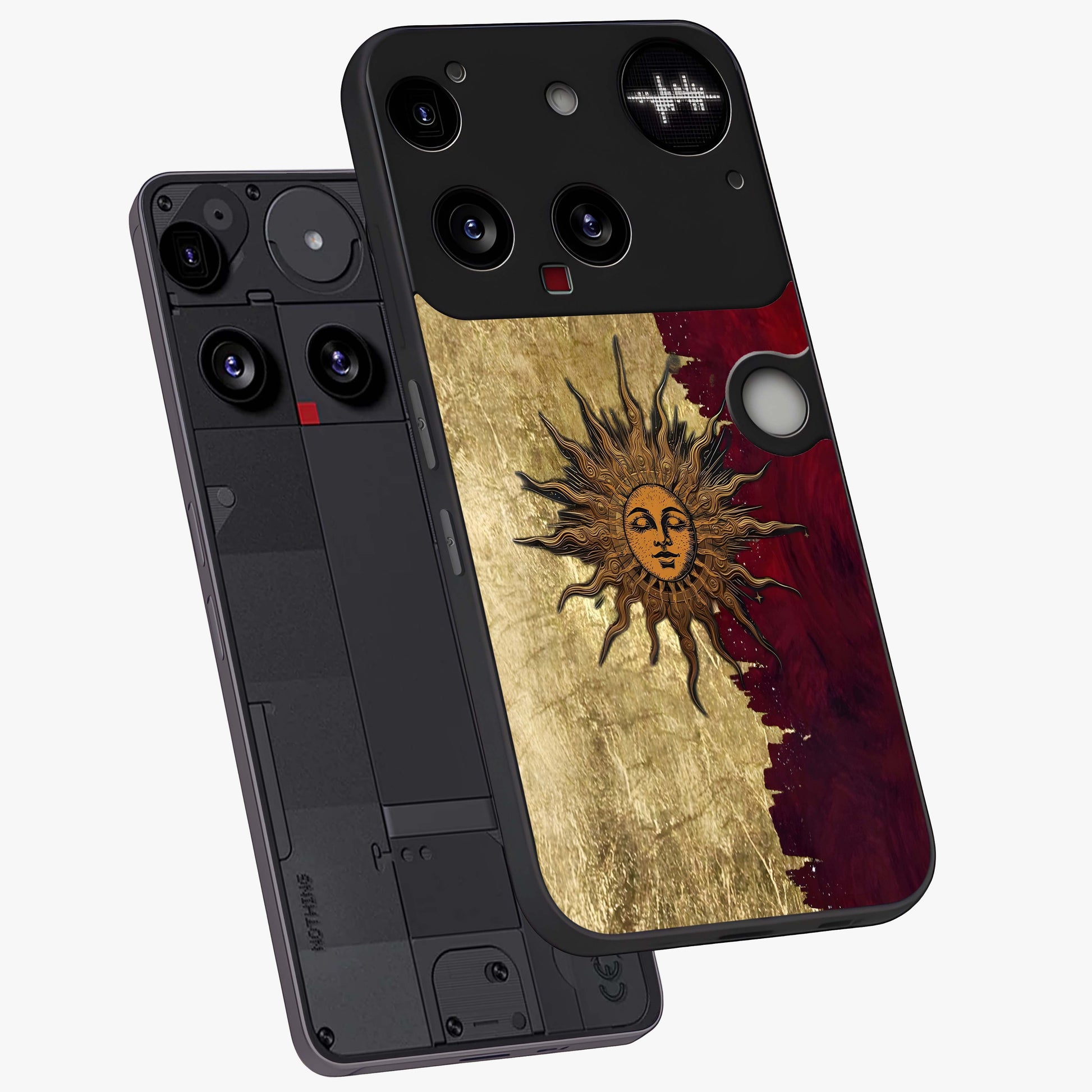 Crimson Sun Majesty Glass Case displayed in angled mockup highlighting majestic crimson sun design with bold aesthetic style.