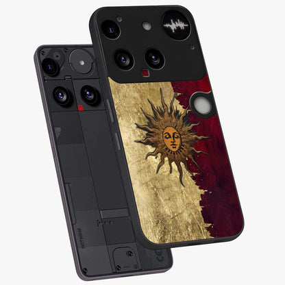 Crimson Sun Majesty Glass Case displayed in angled mockup highlighting majestic crimson sun design with bold aesthetic style.