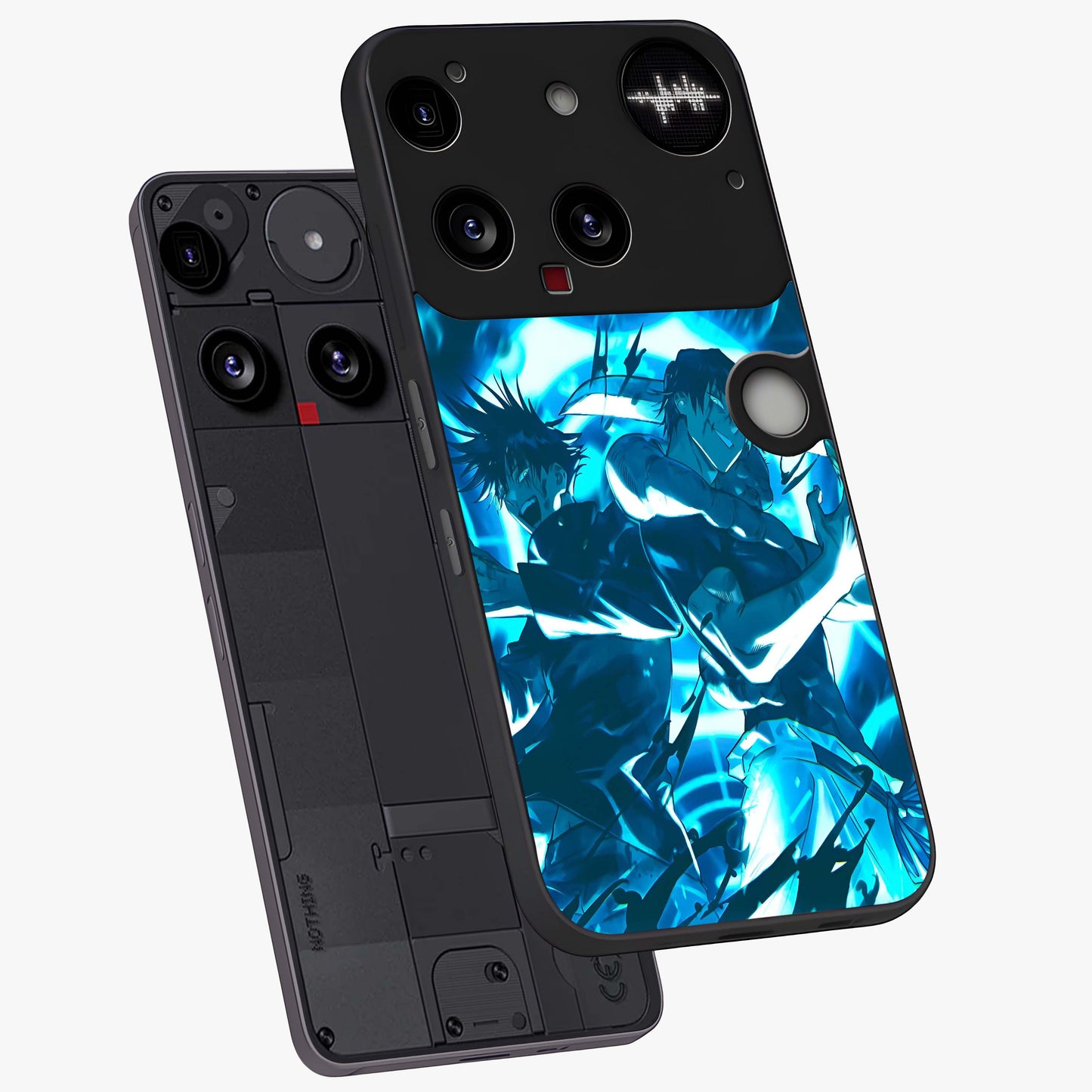 Cursed Energy Clash Glass Case displayed in angled mockup highlighting powerful battle inspired graphic with anime style aesthetic.