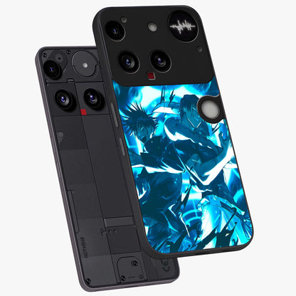 Cursed Energy Clash Glass Case displayed in angled mockup highlighting powerful battle inspired graphic with anime style aesthetic.