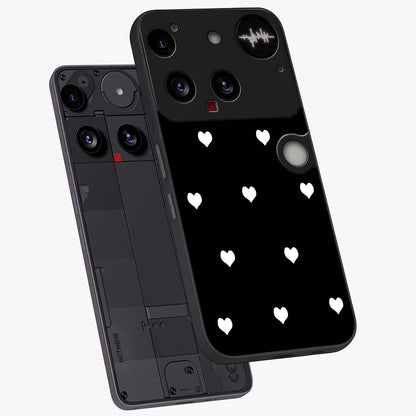 Cute And Simple White Hearts Glass Case displayed in angled mockup highlighting cute heart design with clean aesthetic style.