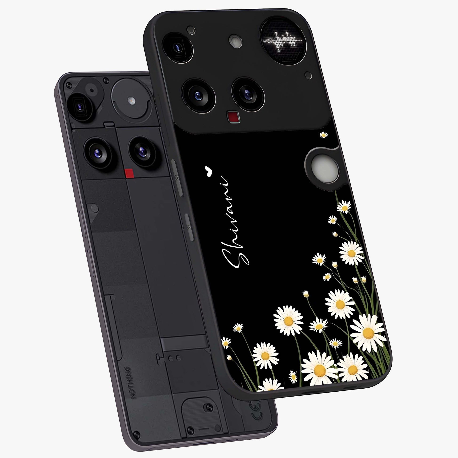 Daisy Cascade Custom Name Glass Case displayed in angled mockup highlighting delicate daisy artwork with custom name feature.