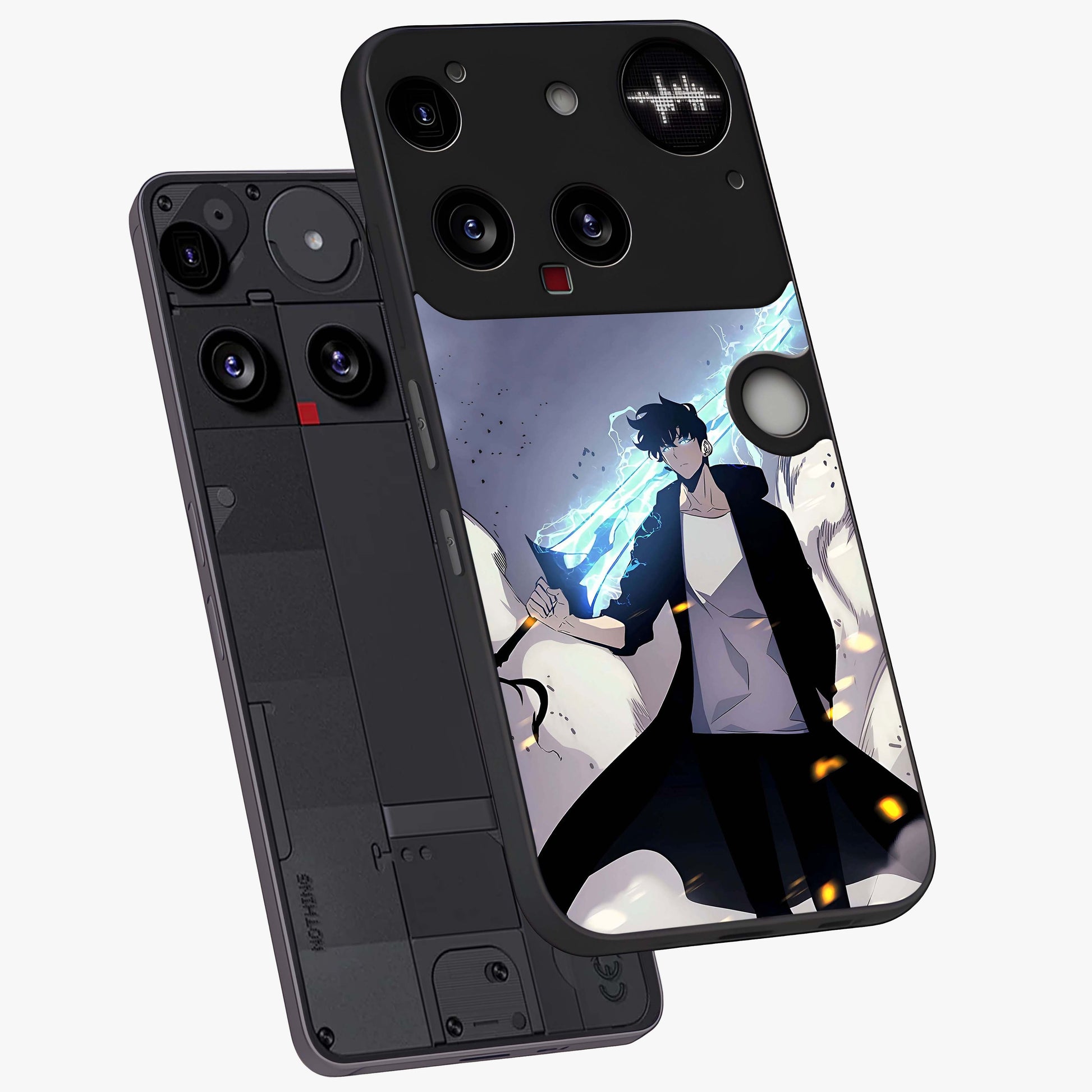 Dark Lightning Anime Warrior Glass Case displayed in angled mockup highlighting powerful lightning themed anime illustration.