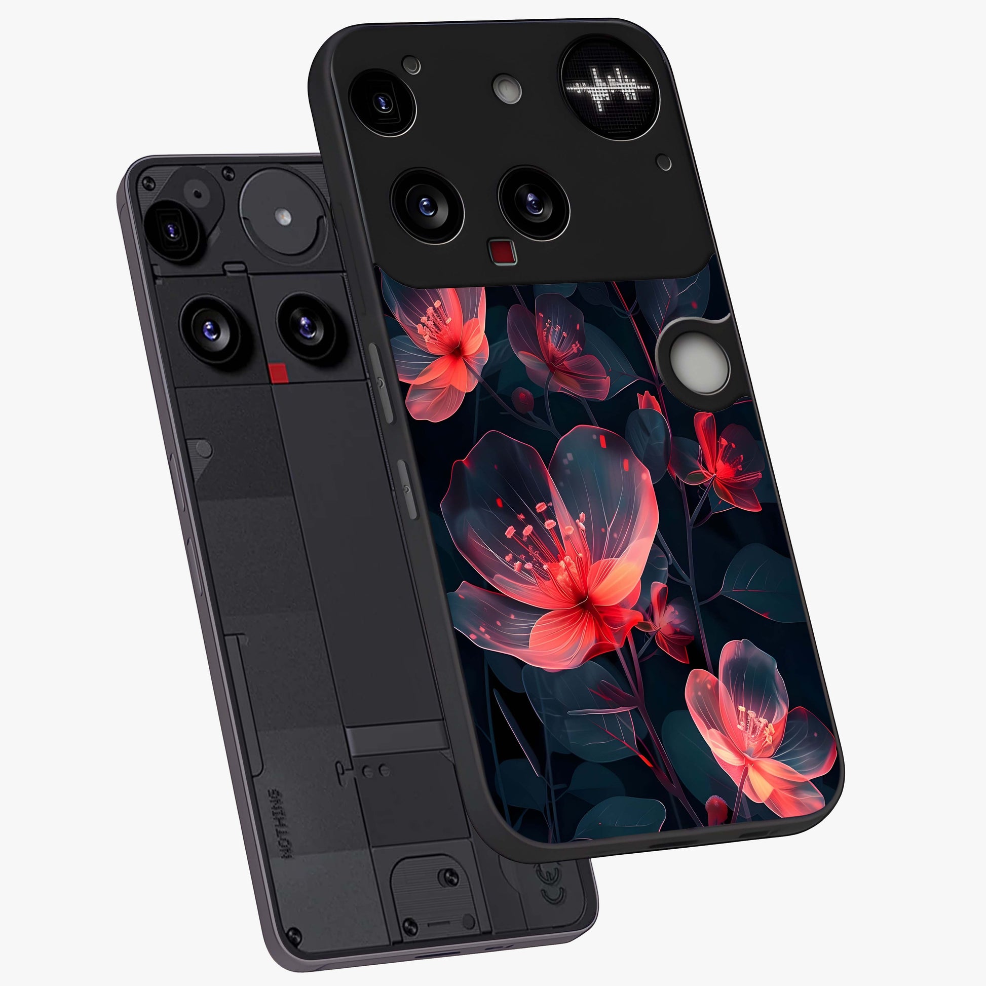 Dark Shade of Flower Glass Case displayed in angled mockup highlighting moody floral illustration with aesthetic dark tones.