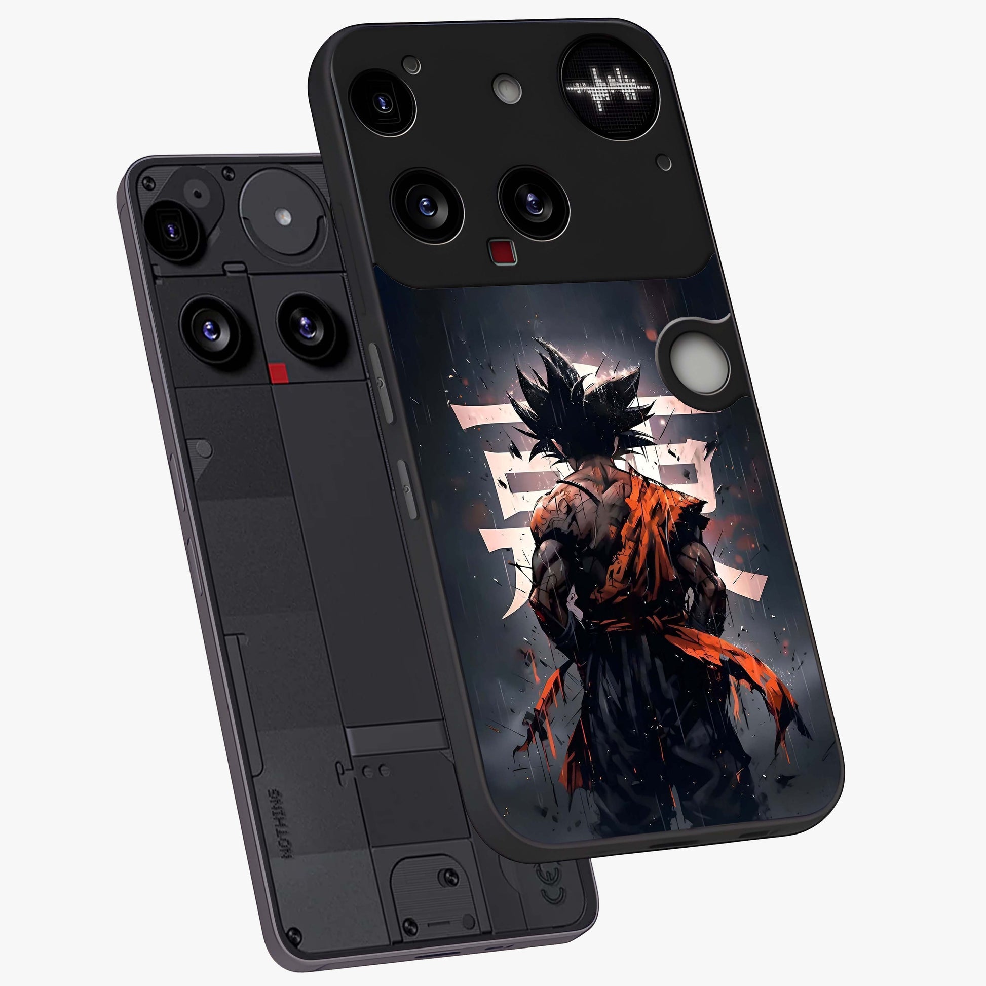 Dark Warrior In Rain Glass Case displayed in angled mockup highlighting dramatic warrior illustration with dark rain aesthetic.