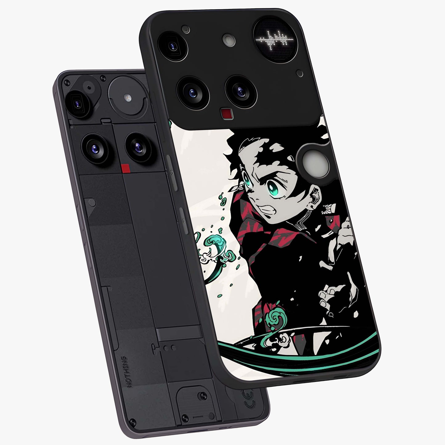 Demon Slayer Glass Case displayed in angled mockup highlighting dramatic anime character design with action aesthetic.