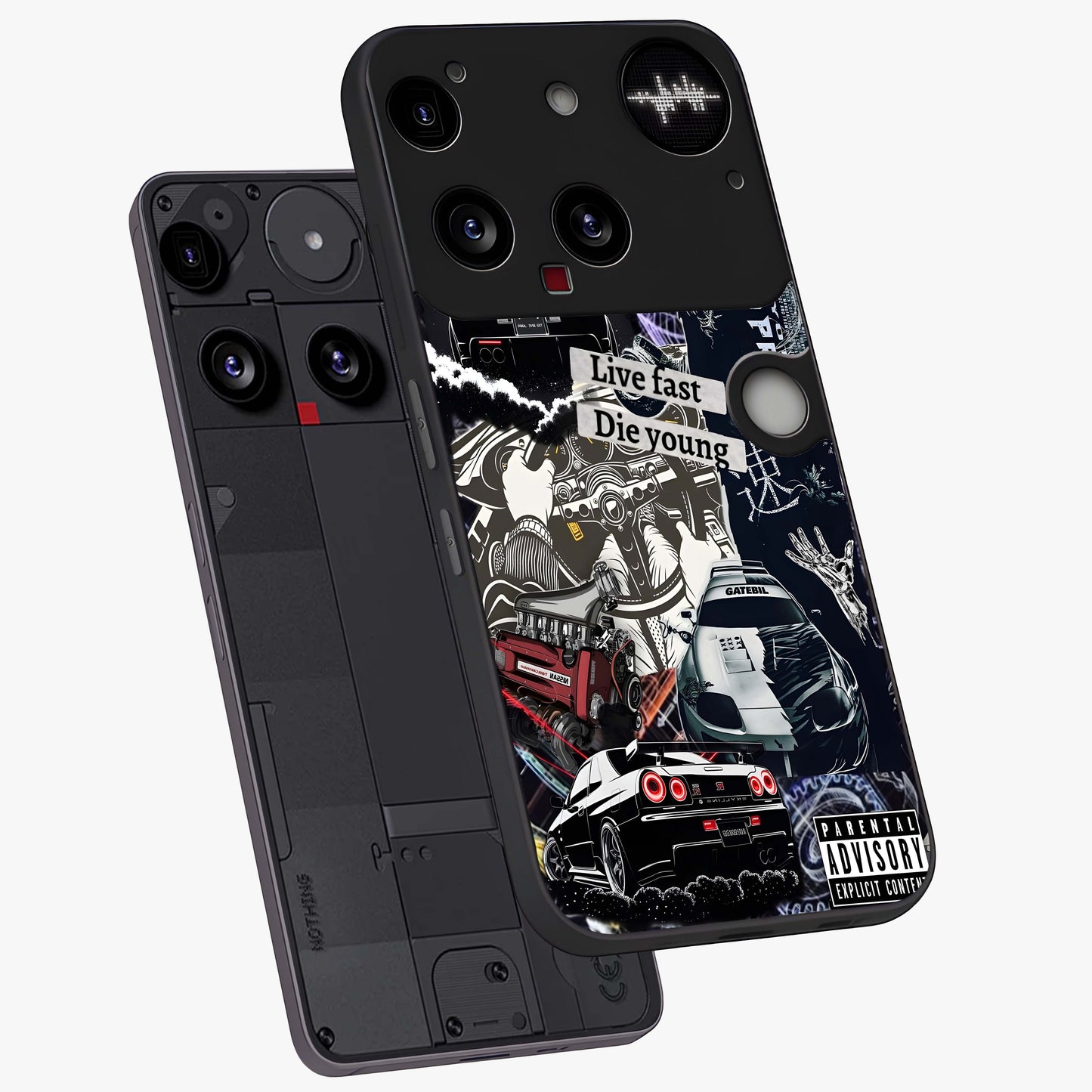 Die Young Glass Case displayed in angled mockup highlighting expressive graphic artwork with edgy aesthetic style.