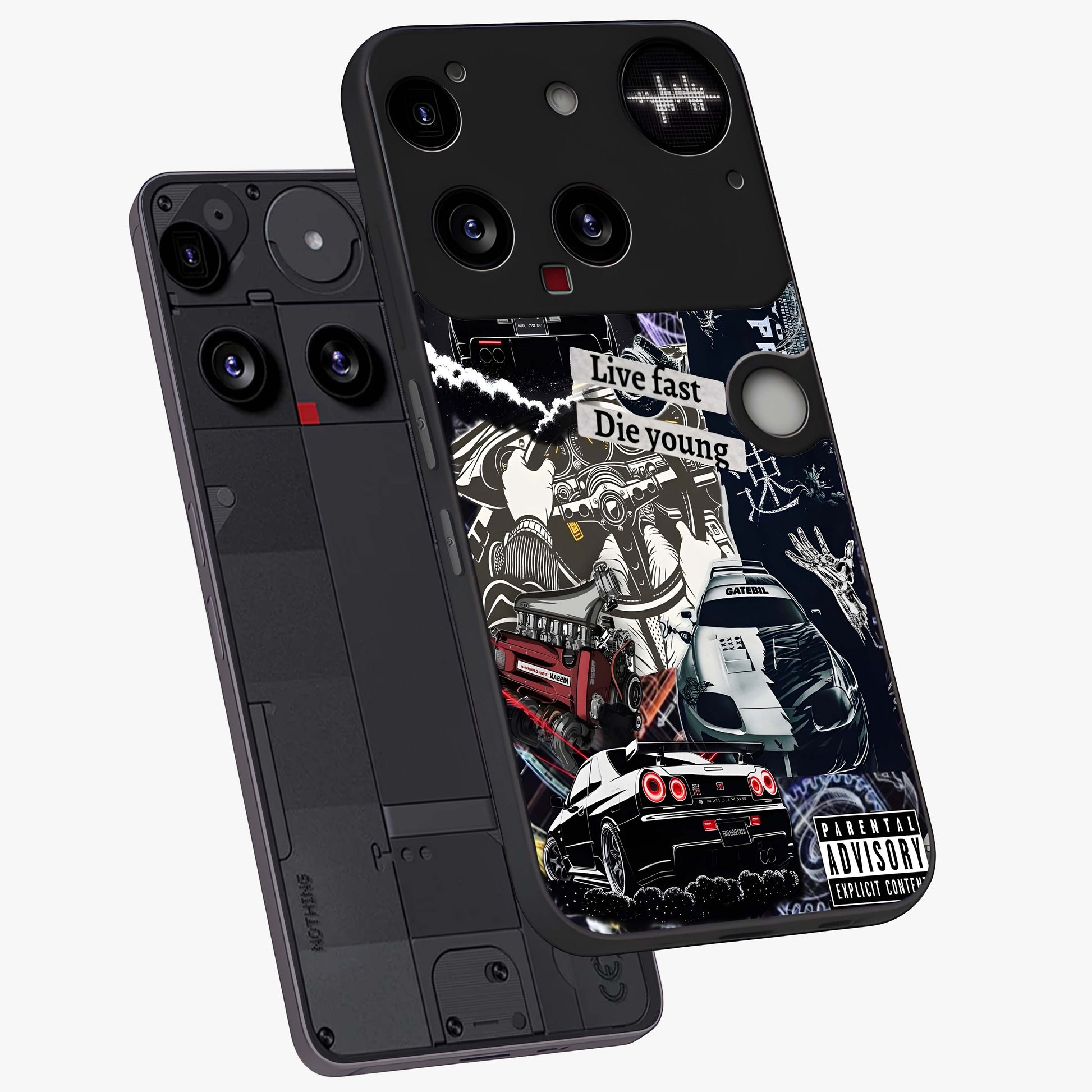 Die Young Glass Case displayed in angled mockup highlighting expressive graphic artwork with edgy aesthetic style.