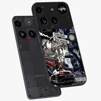 Die Young Glass Case displayed in angled mockup highlighting expressive graphic artwork with edgy aesthetic style.