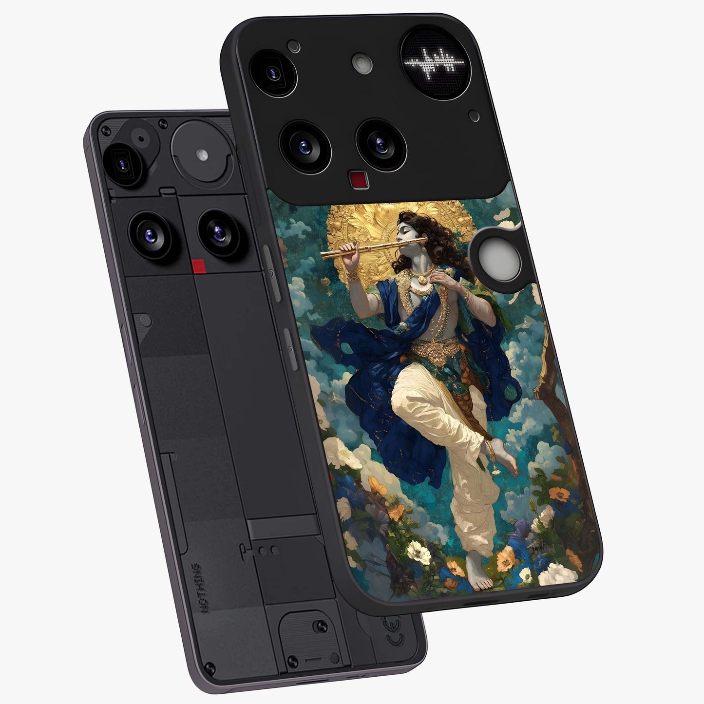 Divine Krishna Art Glass Case displayed in angled mockup highlighting spiritual Krishna illustration with devotional aesthetic.