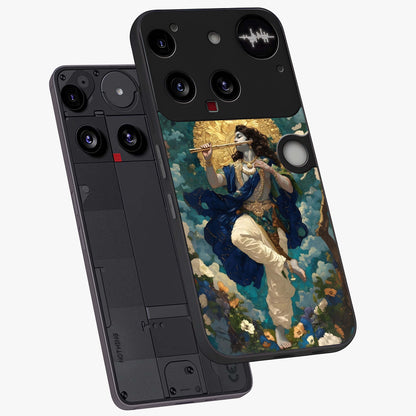 Divine Krishna Art Glass Case displayed in angled mockup highlighting spiritual Krishna illustration with devotional aesthetic.