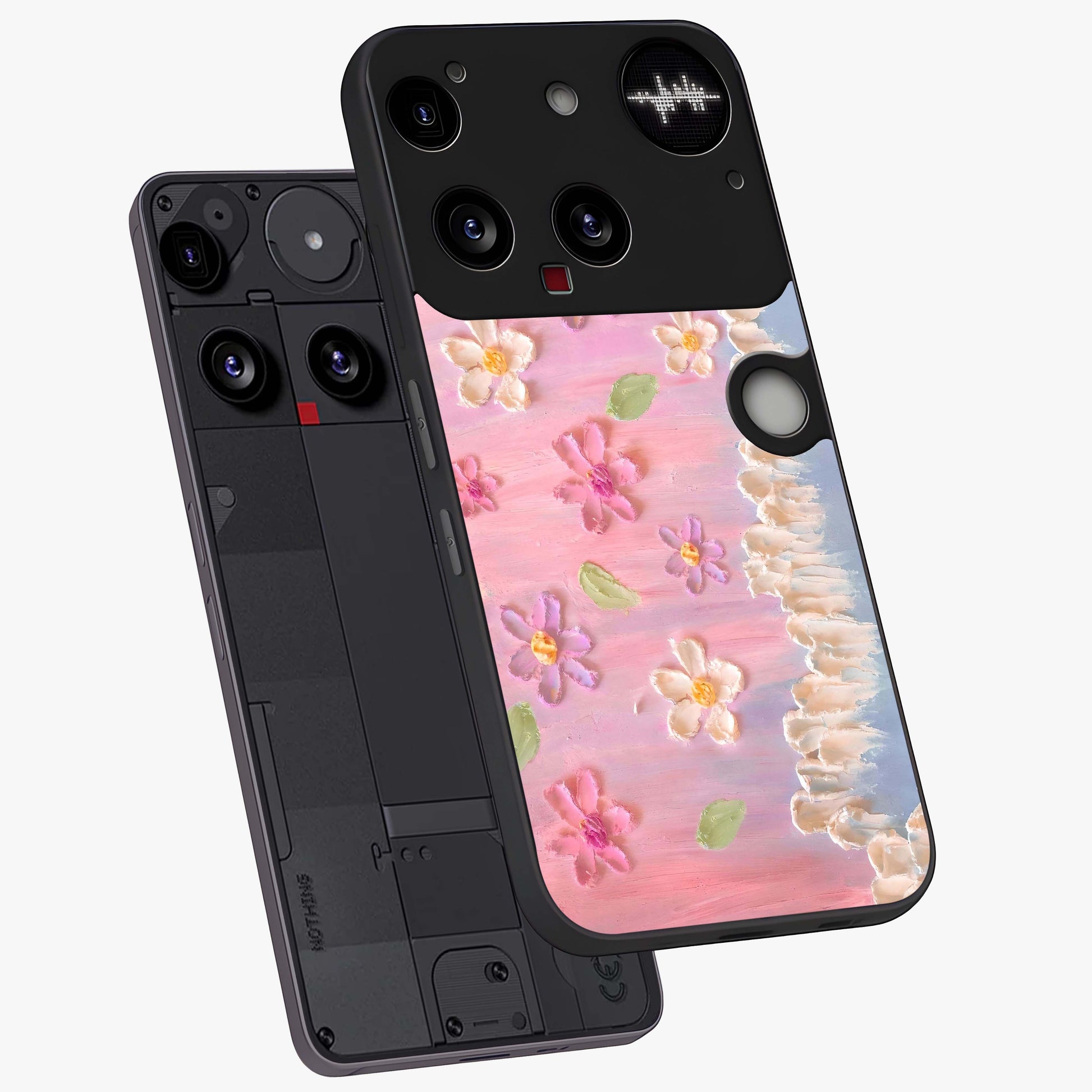 Dreamy Painted Garden Glass Case displayed in angled mockup highlighting colorful garden illustration with dreamy aesthetic style.